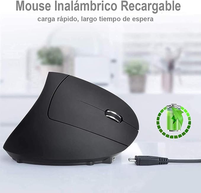 Mouse Inalámbrico Ergonómico Recargable, Mouse Vertical Óptico de 2.4Ghz con 3 DPIs Ajustables, Diseño de 6 Botones con Receptor USB, Compatible con Sistema Windows y Mac(Negro)