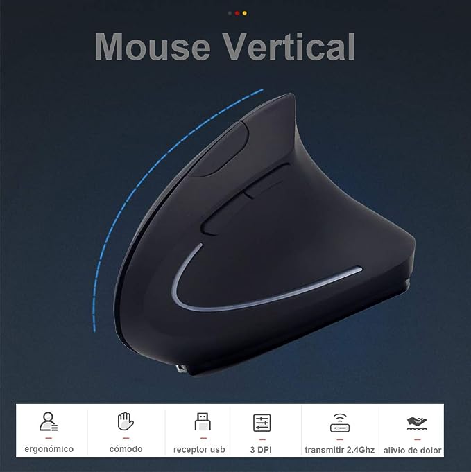 Mouse Inalámbrico Ergonómico Recargable, Mouse Vertical Óptico de 2.4Ghz con 3 DPIs Ajustables, Diseño de 6 Botones con Receptor USB, Compatible con Sistema Windows y Mac(Negro)