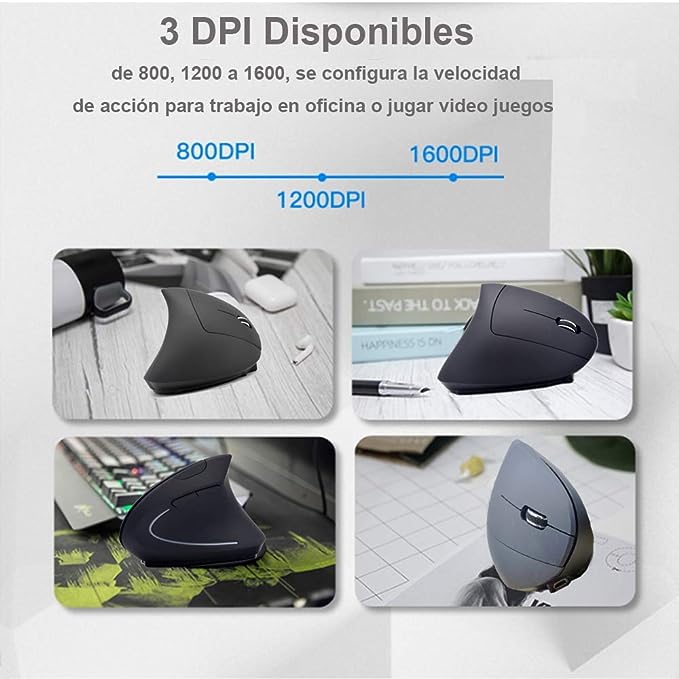 Mouse Inalámbrico Ergonómico Recargable, Mouse Vertical Óptico de 2.4Ghz con 3 DPIs Ajustables, Diseño de 6 Botones con Receptor USB, Compatible con Sistema Windows y Mac(Negro)