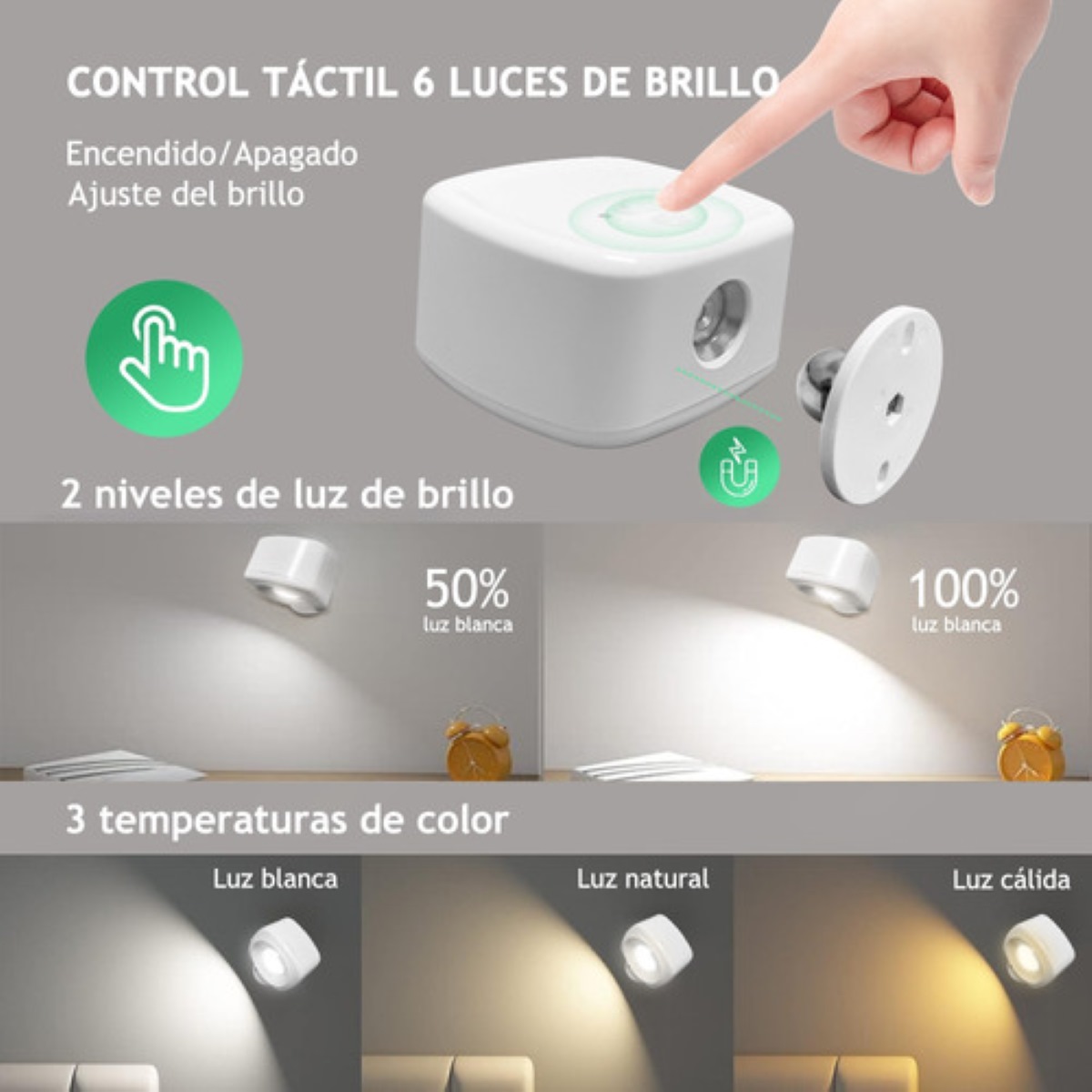 Lámpara Pared Led Interior Luz Arbotante Noche Recargable