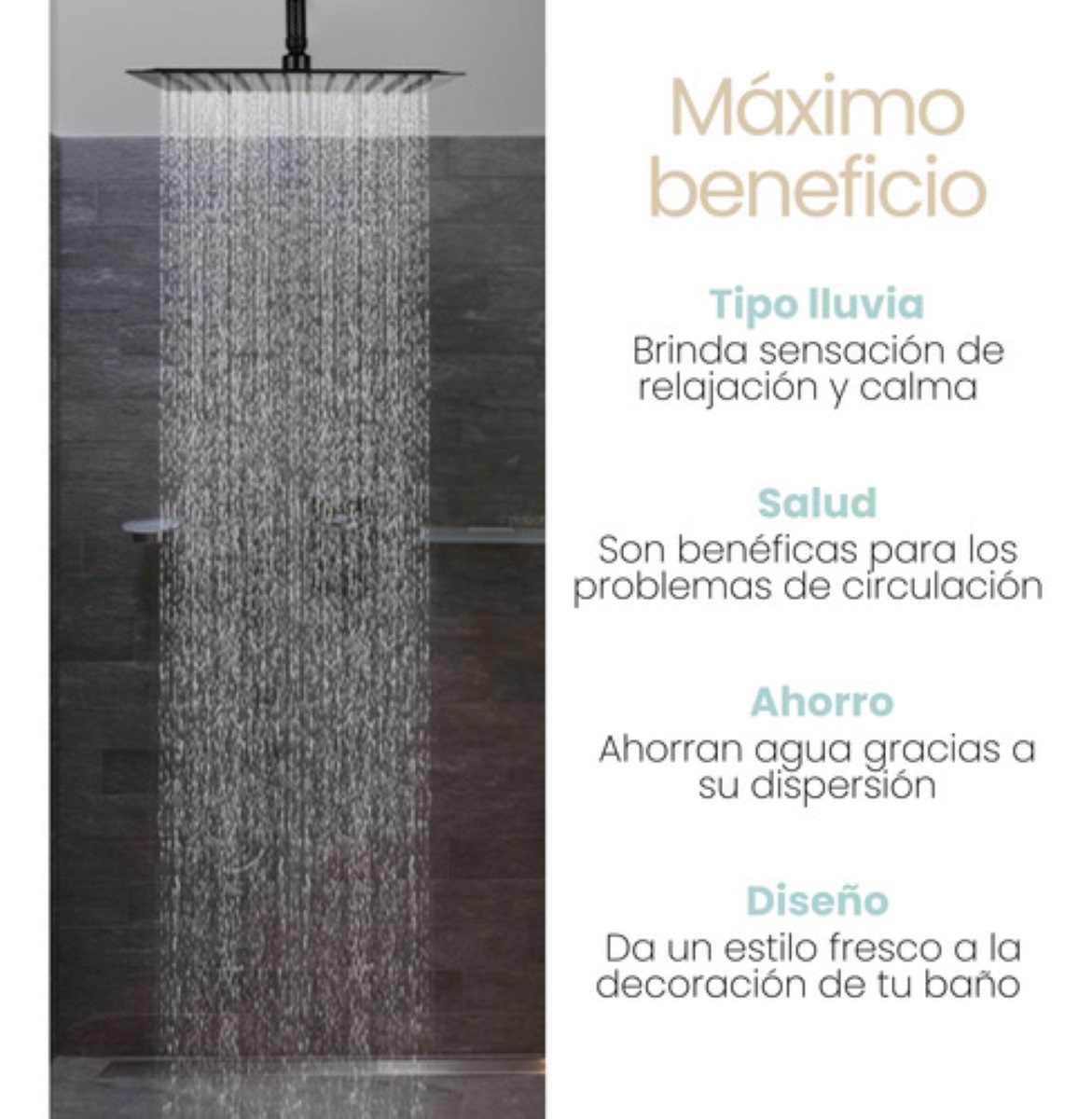 Regadera Cuadrada Tipo Lluvia Con Tubo 40 cm, Negro Mate