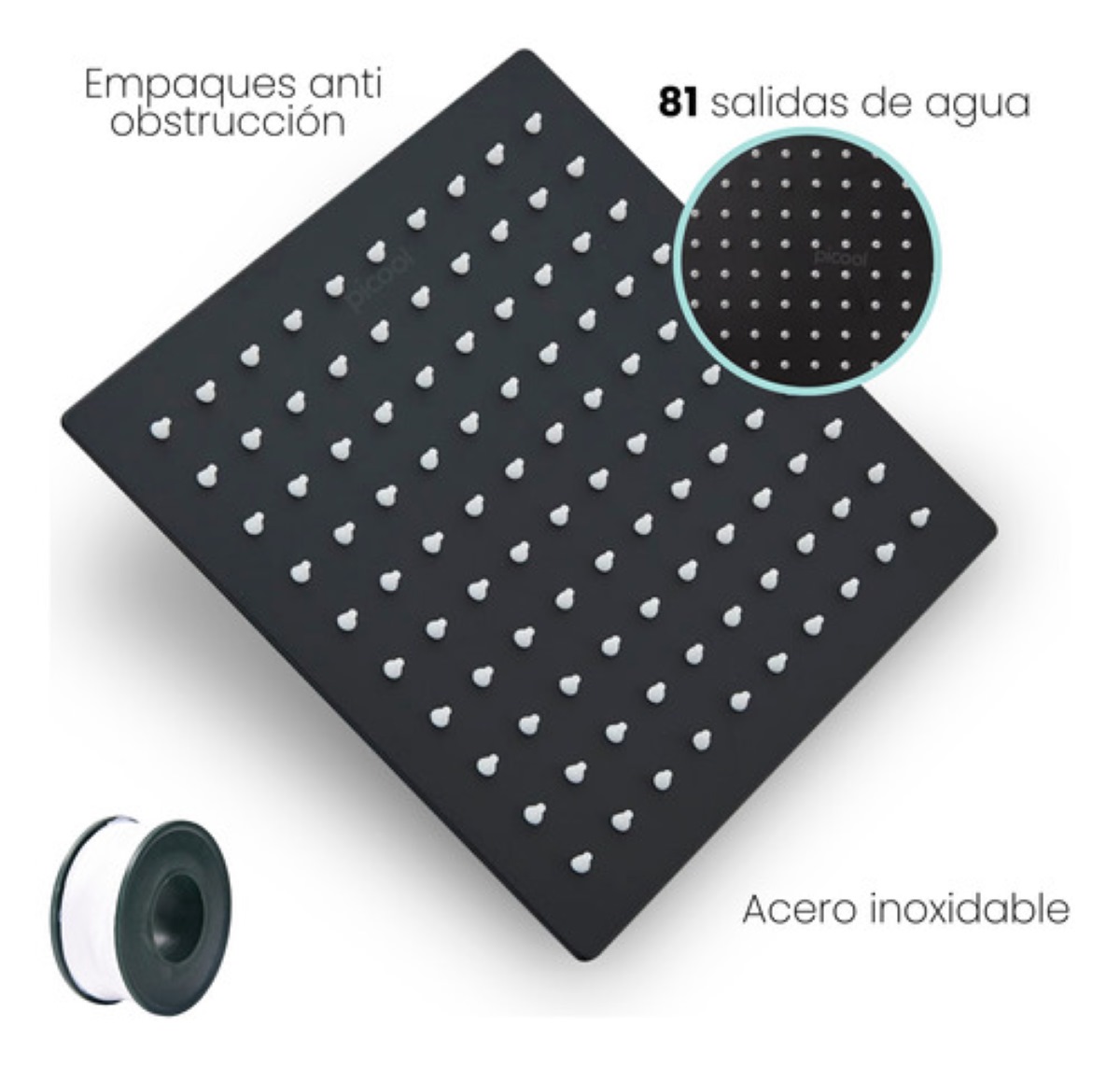 Regadera Cuadrada Tipo Lluvia Con Tubo 40 cm, Negro Mate