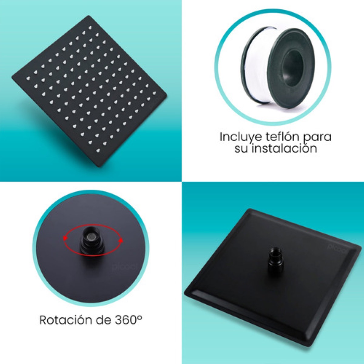 Regadera Cuadrada Tipo Lluvia Con Tubo 40 cm, Negro Mate