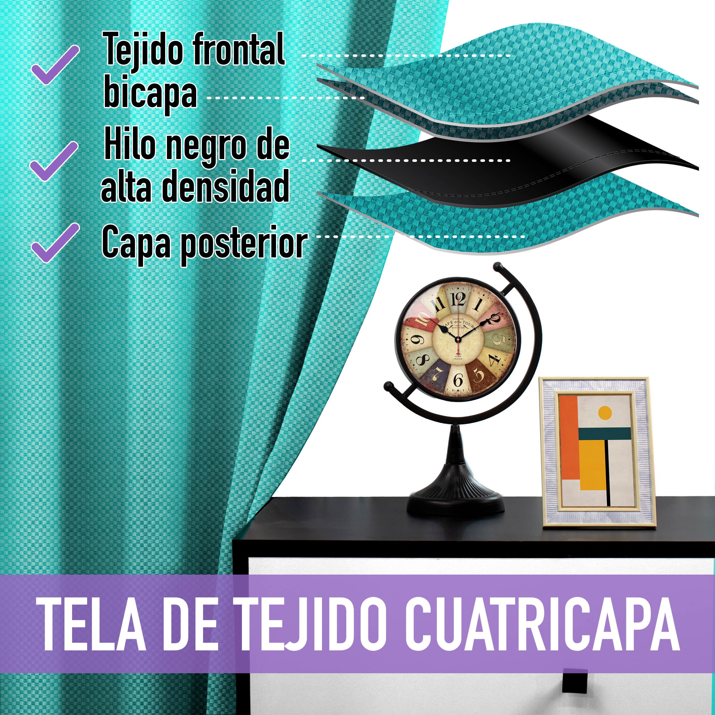 Cortina Blackout Turquesa Tramada Larga Térmica Bloqueo De Luz 95%