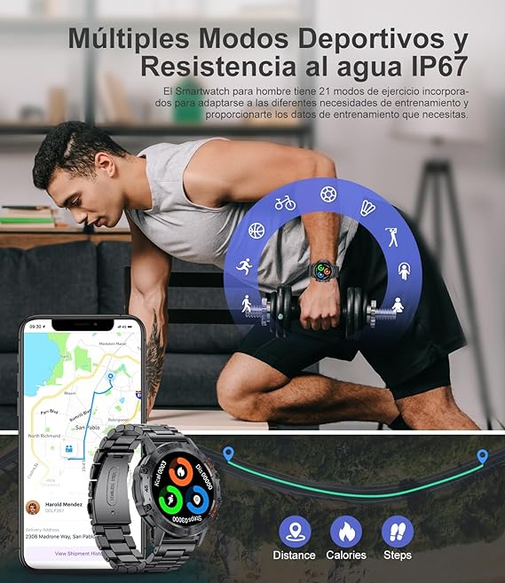 LIGE Reloj Inteligente Hombre,1.39" HD Smartwatch Hombre con Llamadas Bluetooth,Pulsómetro Monitor Sueñode, 100+Modos Deportes,Acero Inoxidable Deportivo Smart Watch para Android iOS Negro
