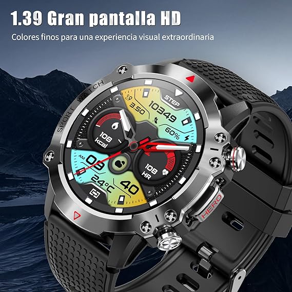 AXIDUN Smartwatch Hombre,Reloj Inteligente Militar táctico de 1.39''HD Pantalla con Llamada Bluetooth,Reloj Deportivo Impermeable IP67,100+ Modos Deportivos para iPhone Android..