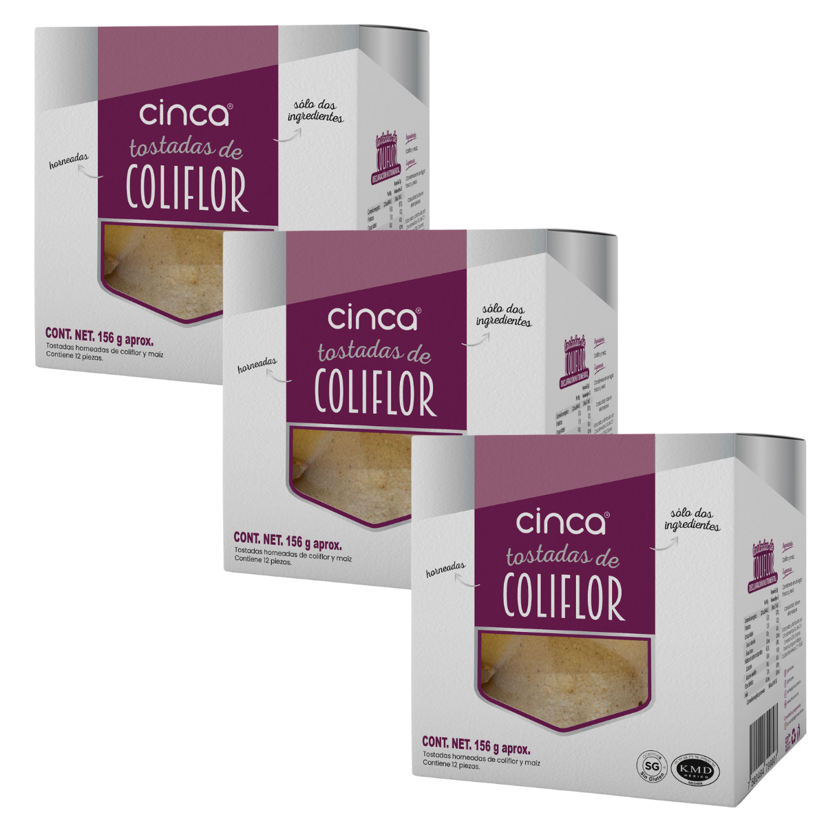 CINCA Tostadas de Coliflor Saludables Sin Conservadores, Sin Grasas Trans, Sin Gluten, Vegano, 3 Paquetes de 156g.