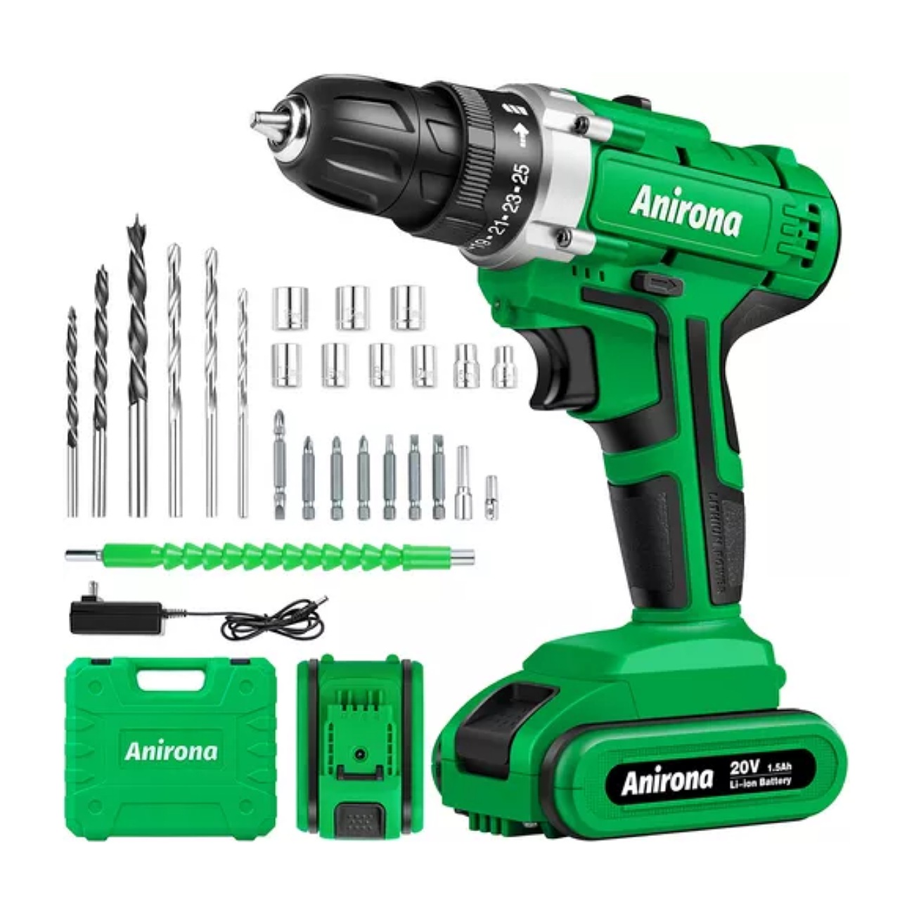 Taladro atornillador inalámbrico de 10mm Anirona AA2015-30 20V + 1 batería de 1.5Ah + accesorios con maletín de transporte