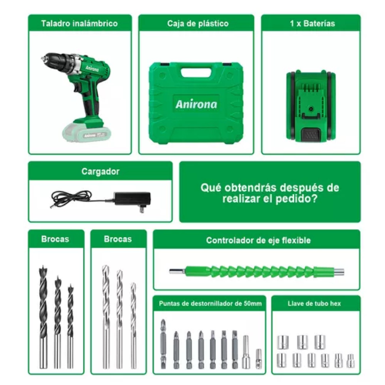 Taladro atornillador inalámbrico de 10mm Anirona AA2015-30 20V + 1 batería de 1.5Ah + accesorios con maletín de transporte