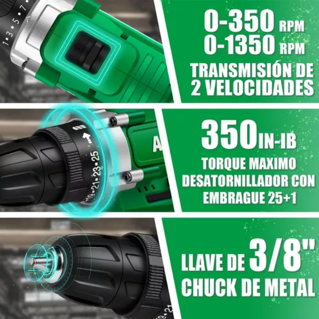 Taladro atornillador inalámbrico de 10mm Anirona AA2015-30 20V + 1 batería de 1.5Ah + accesorios con maletín de transporte