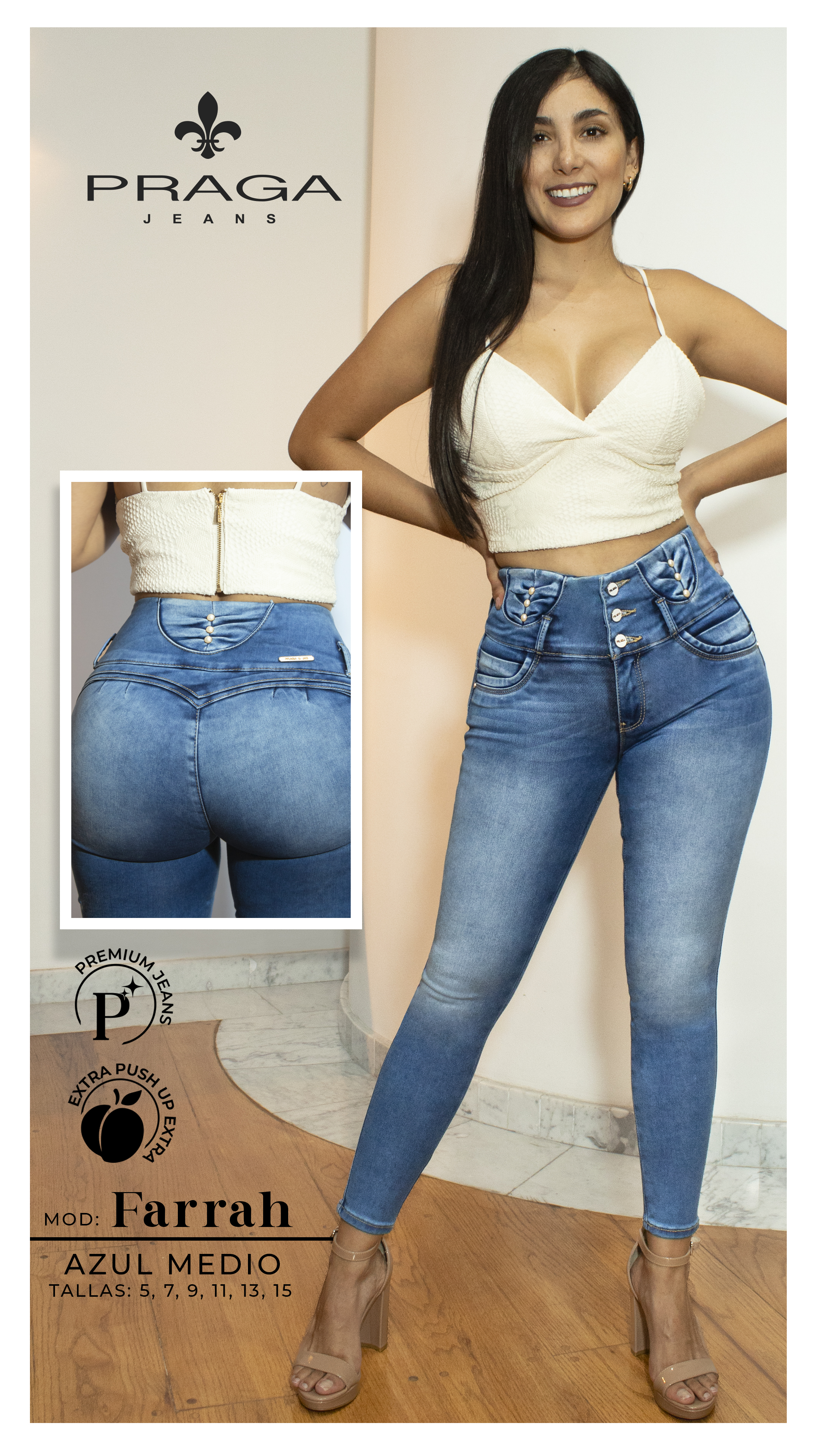 Jean Pantalon Colombiano Levanta Pompa Skinny FARRAH Praga Jeans EXCS-008.