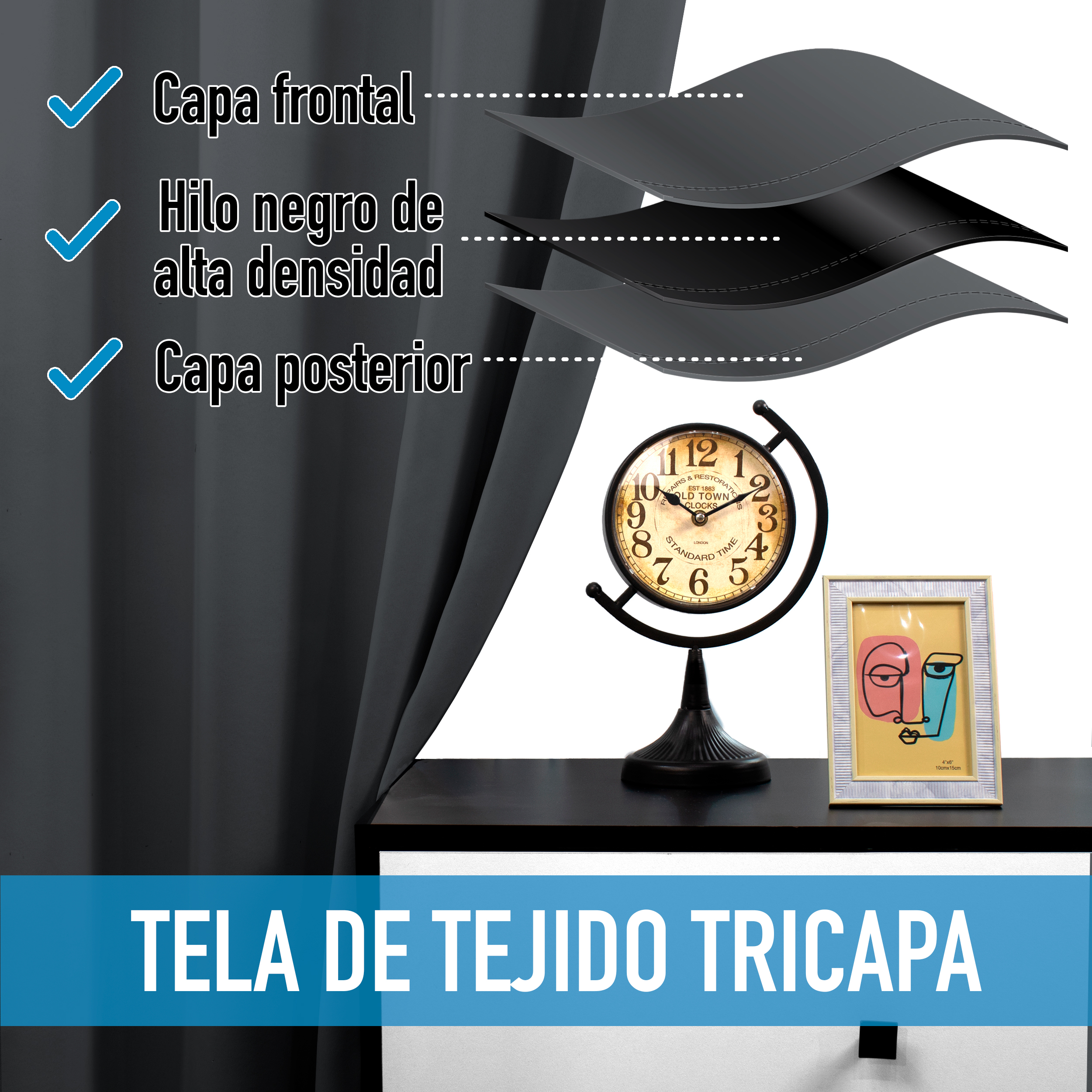 Cortinas Blackout Gris-Oxford Térmico Largas Lisa Opaca 95% Bloqueo Luz .