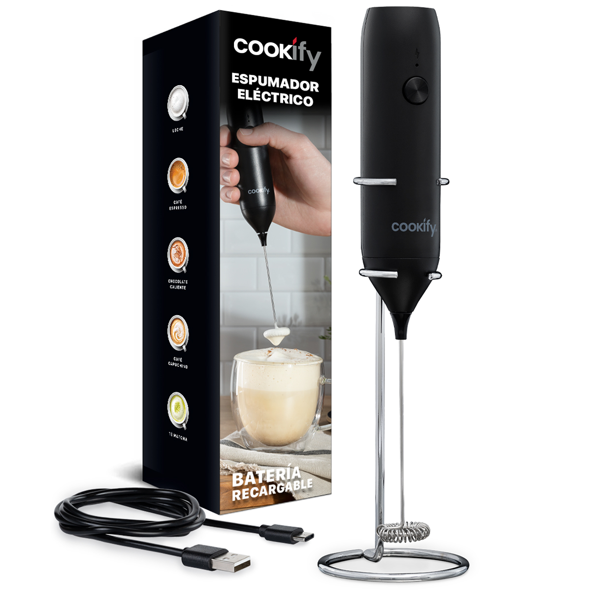 Batidor Espumador de Leche Eléctrico Recargable para Café Cookify.