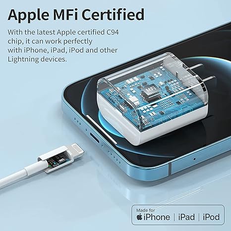 Cargador rápido para iPhone [certificado Apple MFi] Cable tipo C a Lightning de 1m, de 20 W compatible con iPhone 14/13/12//11/X y iPad