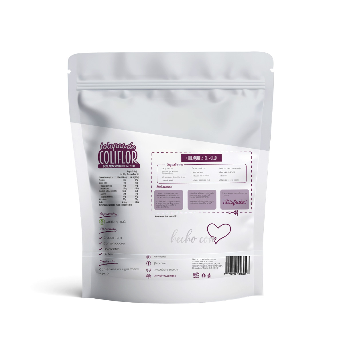 CINCA Totopos de Coliflor Saludables Sin Conservadores, Sin Grasas Trans, Sin Gluten, Vegano, 3 Paquetes de 200g.