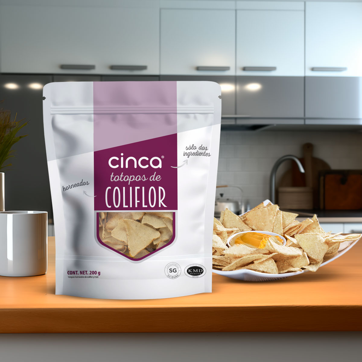 CINCA Totopos de Coliflor Saludables Sin Conservadores, Sin Grasas Trans, Sin Gluten, Vegano, 3 Paquetes de 200g.