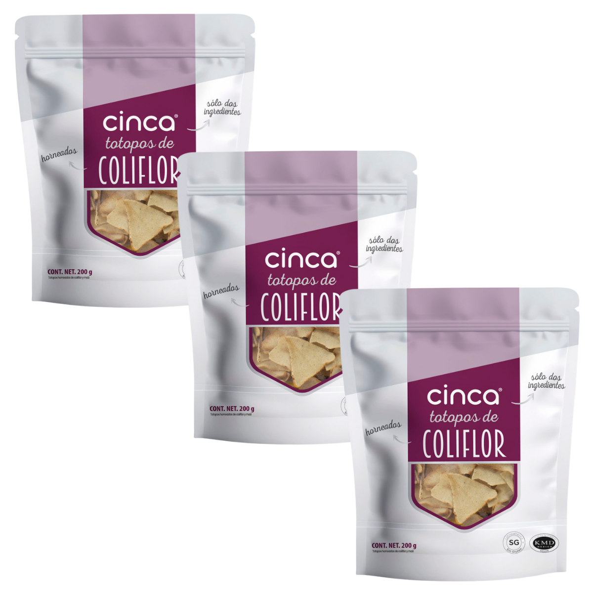 CINCA Totopos de Coliflor Saludables Sin Conservadores, Sin Grasas Trans, Sin Gluten, Vegano, 3 Paquetes de 200g.