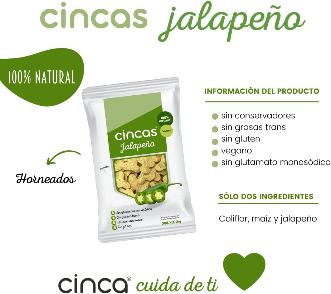 CINCA Botana Horneada de Coliflor y Maíz Saludable Sin Conservadores, Sin Grasas Trans, Sin Gluten, Vegano, Sabor Jalapeño, 3 Paquetes de 50g.