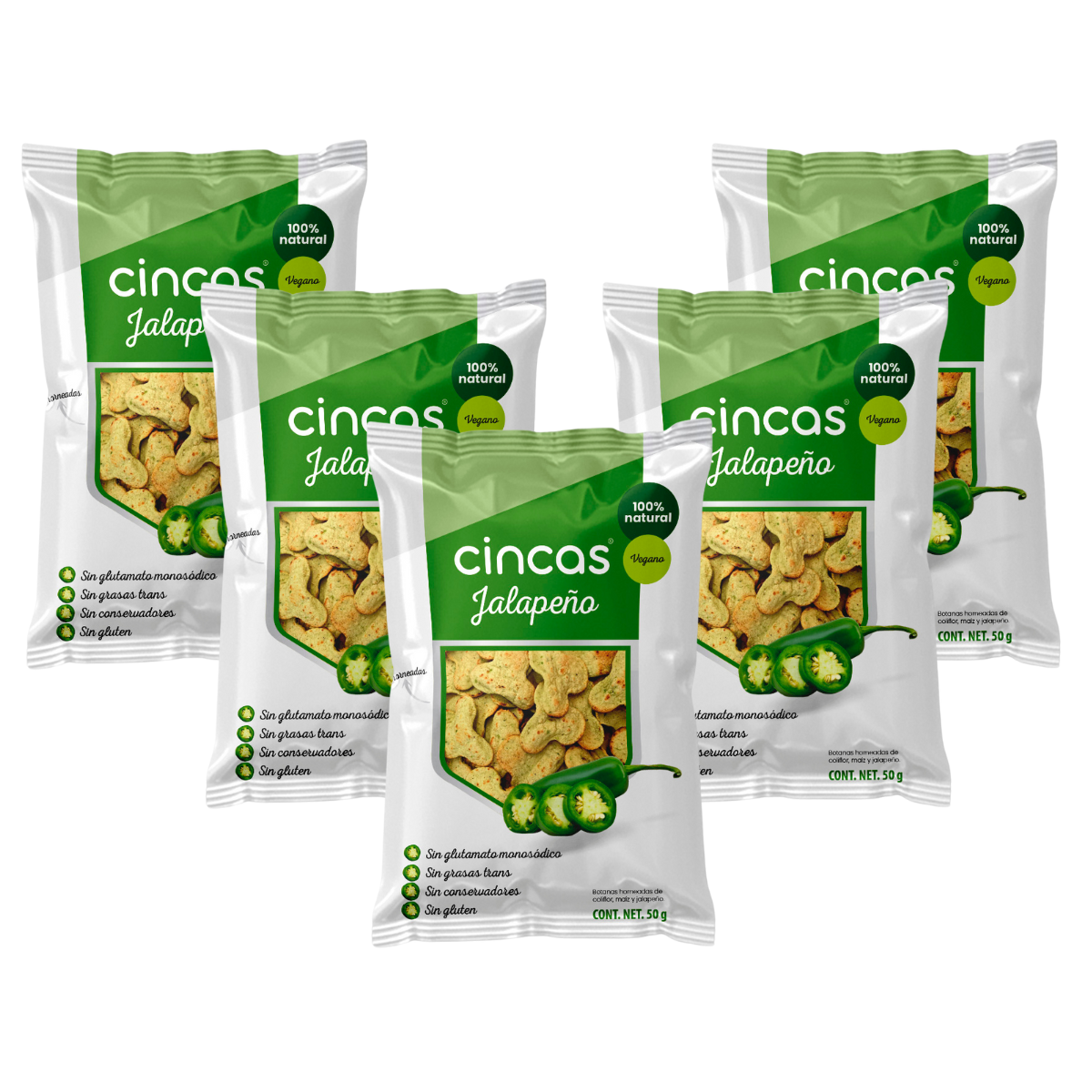 CINCA Botana Horneada de Coliflor y Maíz Saludable Sin Conservadores, Sin Grasas Trans, Sin Gluten, Vegano, Sabor Jalapeño, 3 Paquetes de 50g.