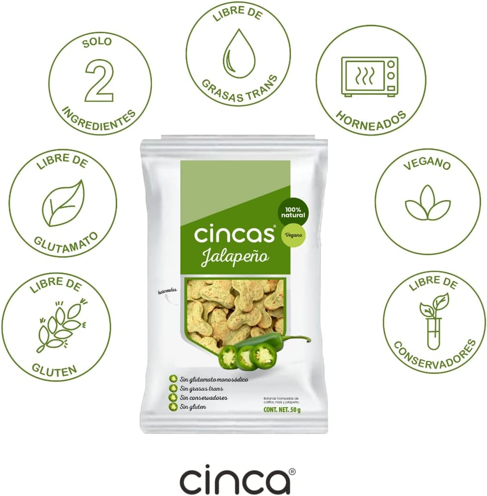 CINCA Botana Horneada de Coliflor y Maíz Saludable Sin Conservadores, Sin Grasas Trans, Sin Gluten, Vegano, Sabor Jalapeño, 3 Paquetes de 50g.