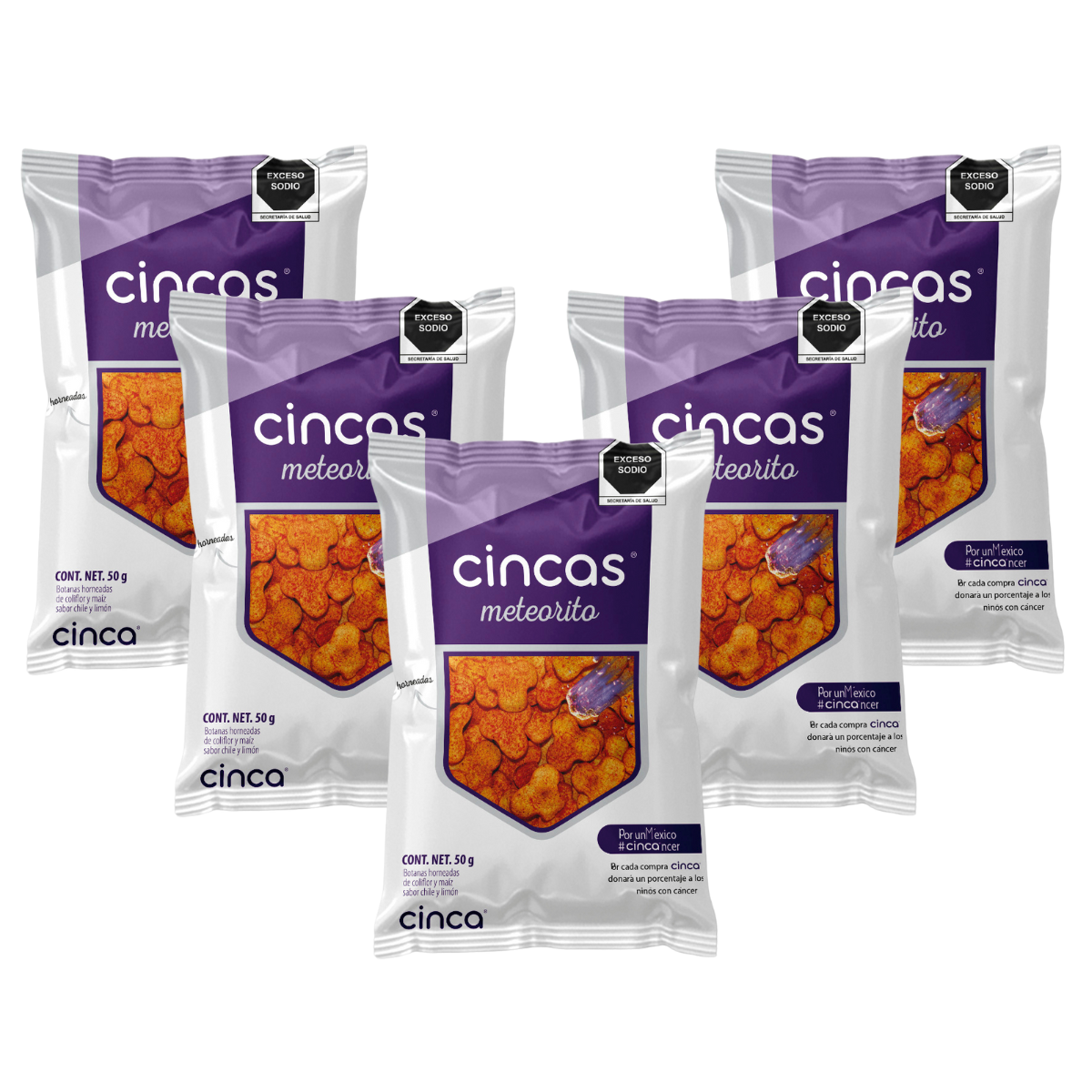 CINCA Botana Horneada de Coliflor y Maíz Saludable Sin Conservadores, Sin Grasas Trans, Sin Gluten, Vegano, Sabor Chile y Limón, 5 Paquetes de 50g.