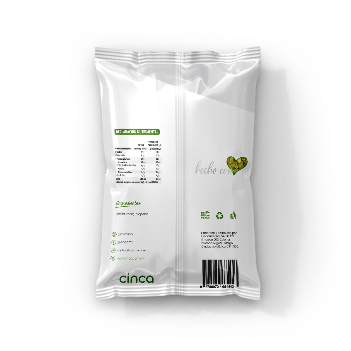 CINCA Botana Horneada de Coliflor y Maíz Saludable Sin Conservadores, Sin Grasas Trans, Sin Gluten, Vegano, Sabor Jalapeño, 3 Paquetes de 50g.