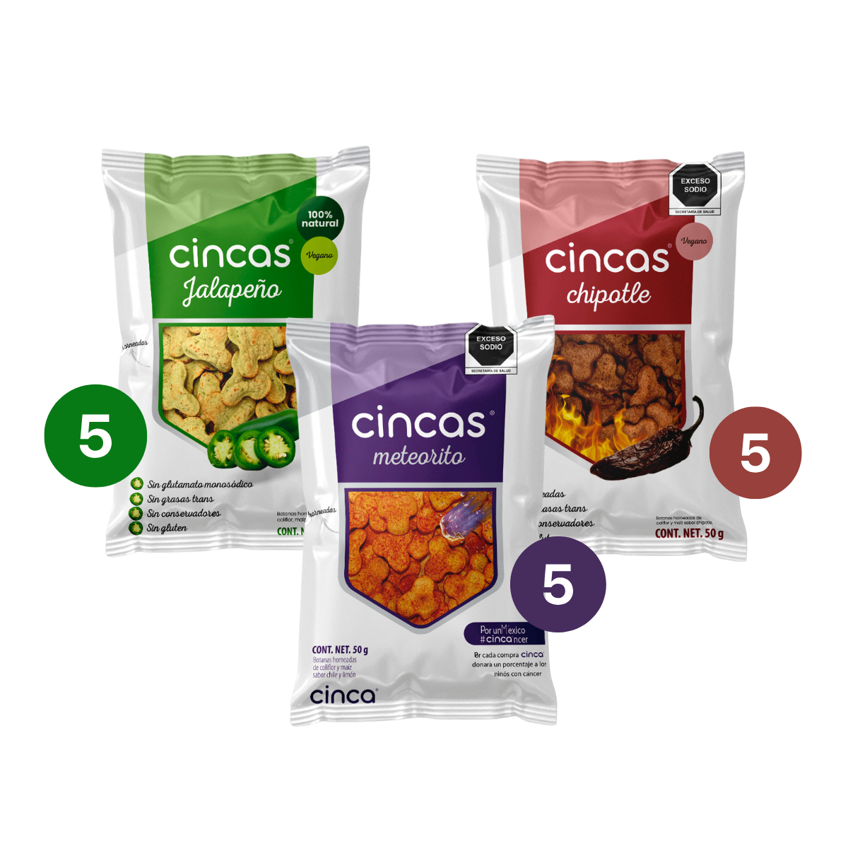 CINCA Mix Botana Horneada de Coliflor y Maíz Saludable, Jalapeño, Chile y Limón y Chipotle, 15 Paquetes de 50g.