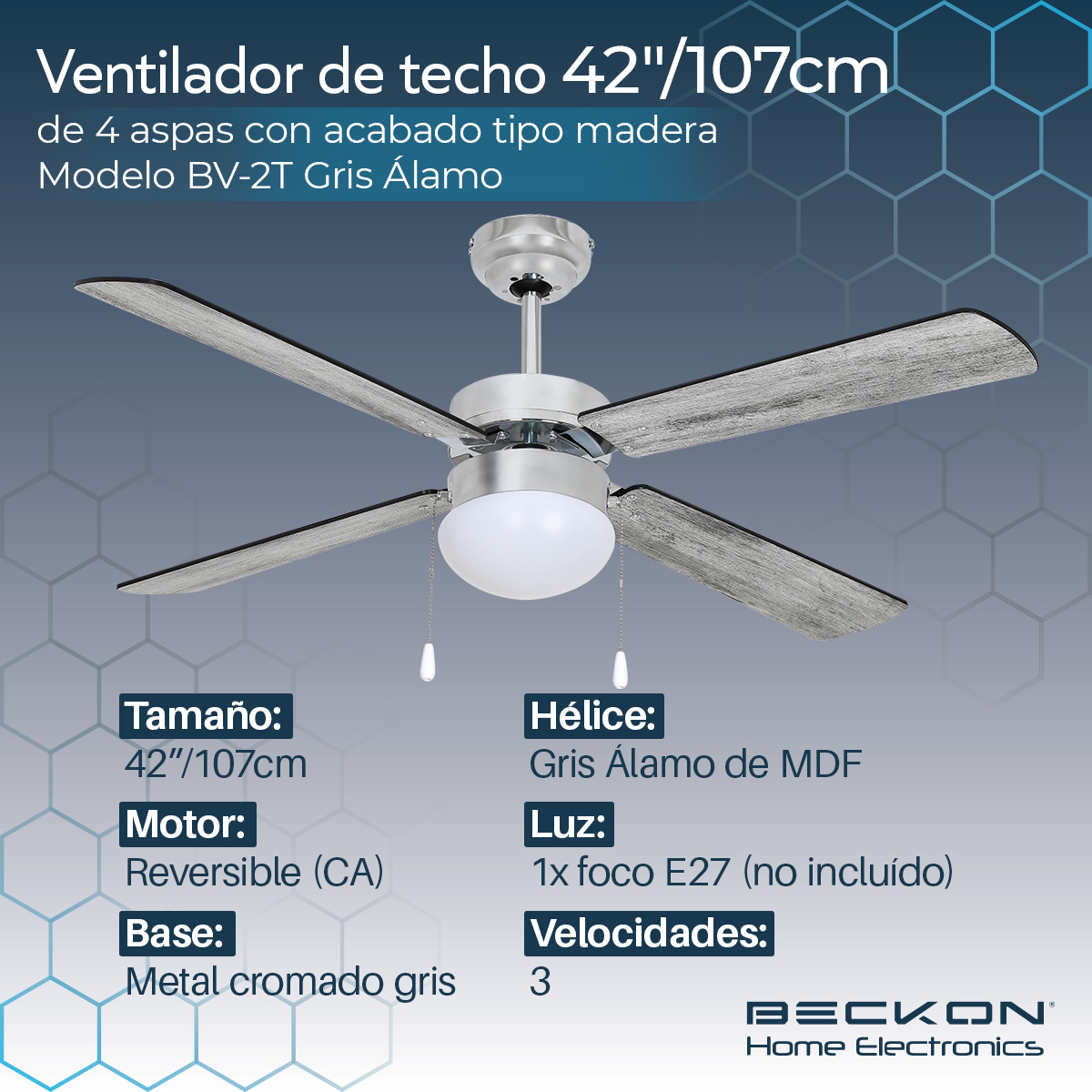 Ventilador de techo moderno de 42 pulgadas 107cm 4 aspas acabado tipo madera Beckon