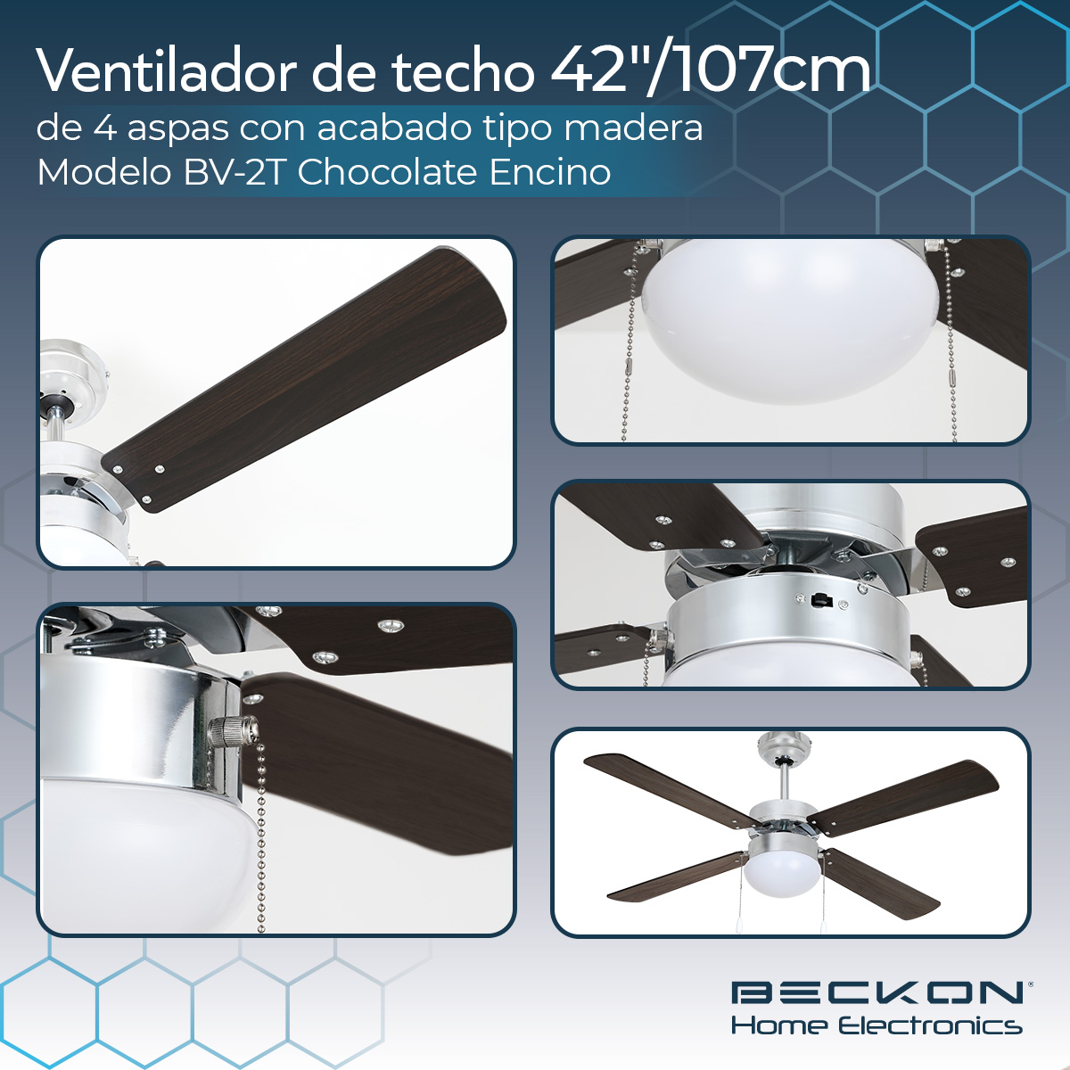 Ventilador de techo moderno de 42 pulgadas 107cm 4 aspas acabado tipo madera Beckon.