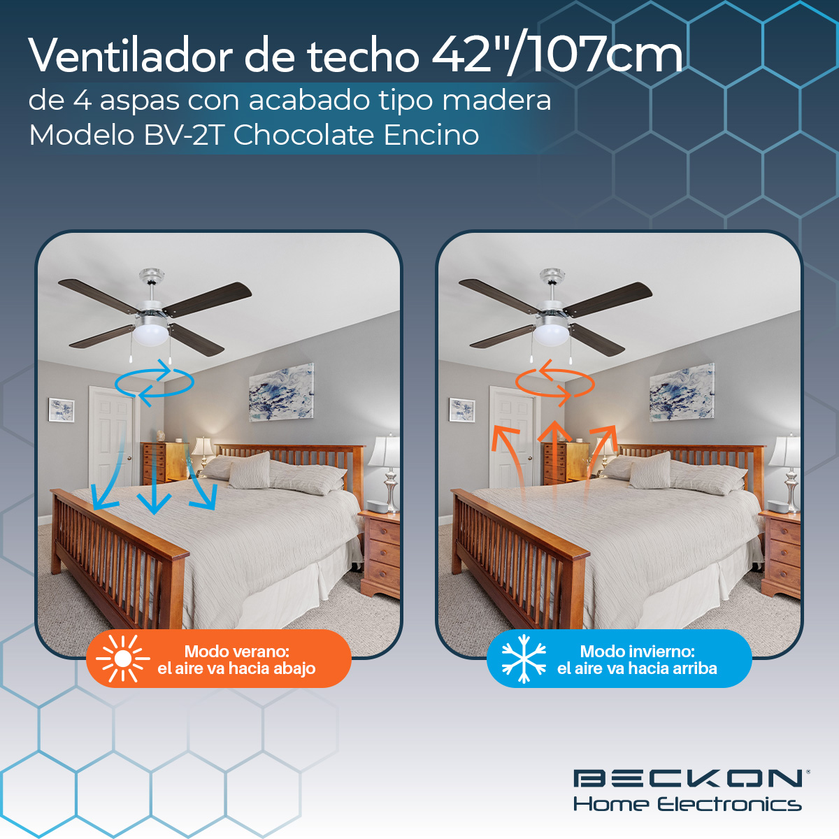 Ventilador de techo moderno de 42 pulgadas 107cm 4 aspas acabado tipo madera Beckon.