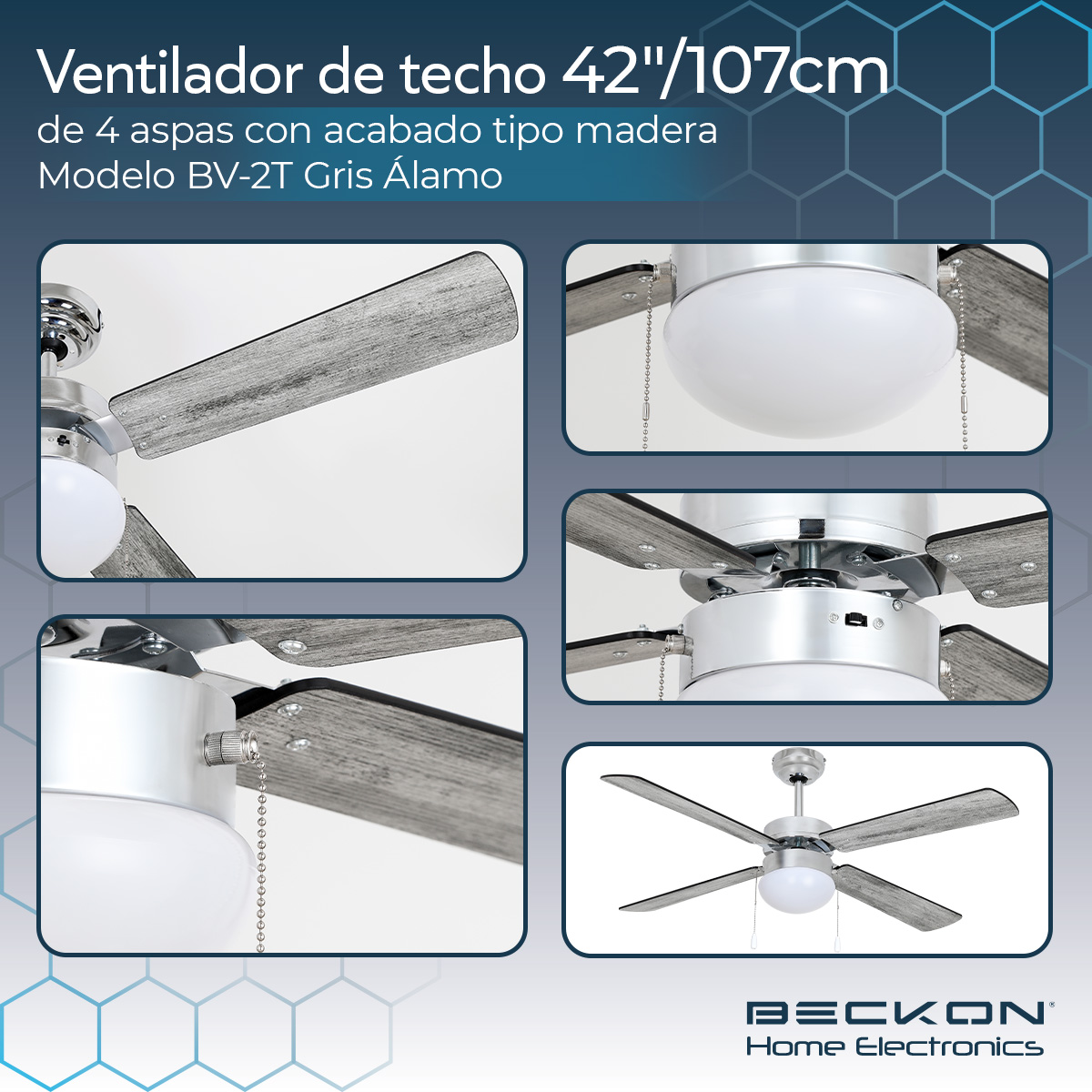 Ventilador de techo moderno de 42 pulgadas 107cm 4 aspas acabado tipo madera Beckon