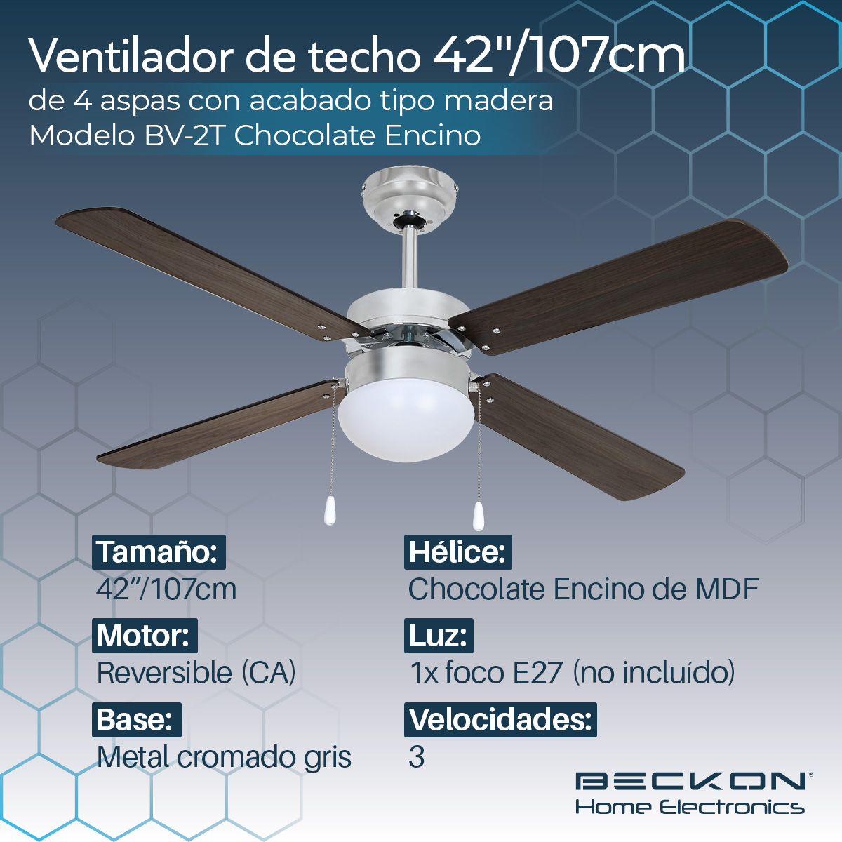 Ventilador de techo moderno de 42 pulgadas 107cm 4 aspas acabado tipo madera Beckon.