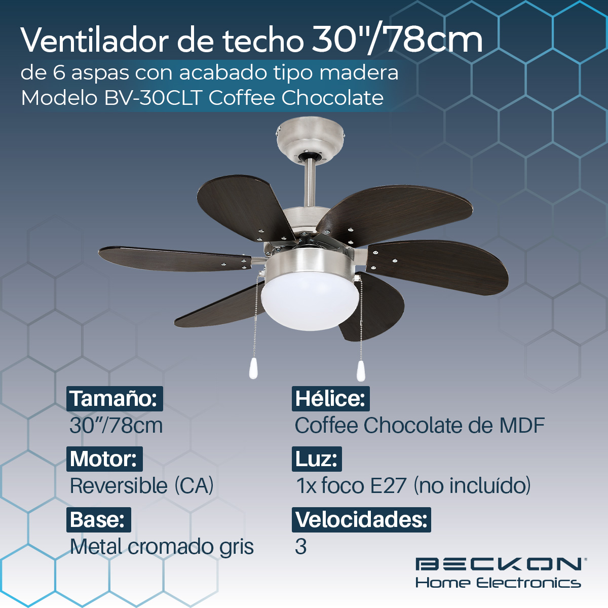 Ventilador de techo moderno de 30 pulgadas 78cm 6 aspas acabado tipo madera Beckon.