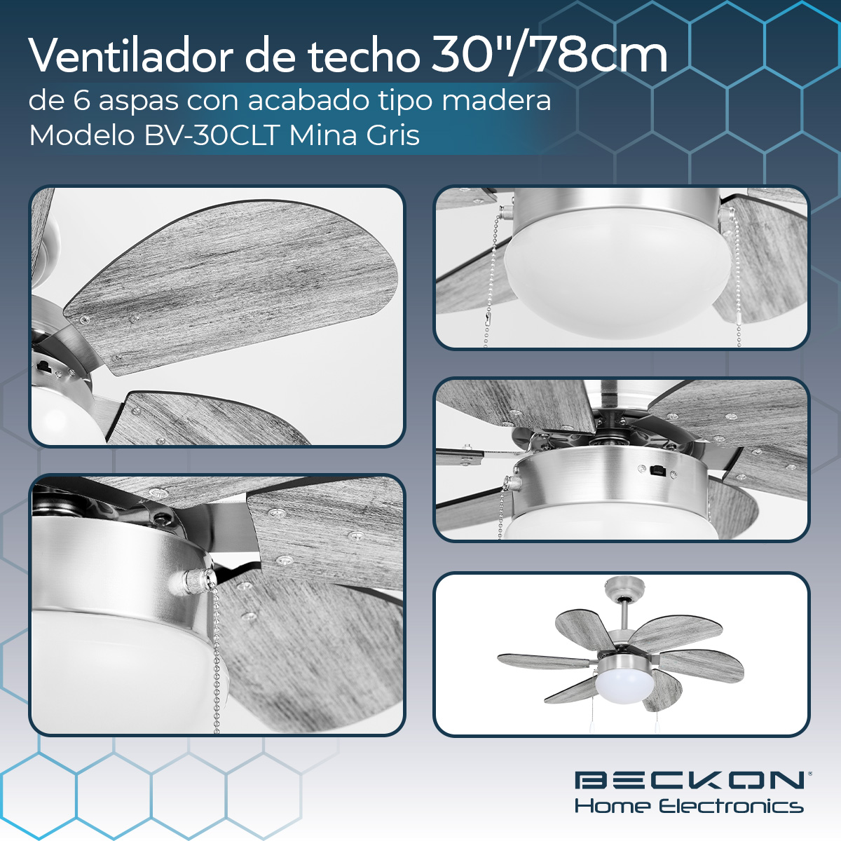 Ventilador de techo moderno de 30 pulgadas 78cm 6 aspas acabado tipo madera Mina gris Beckon.