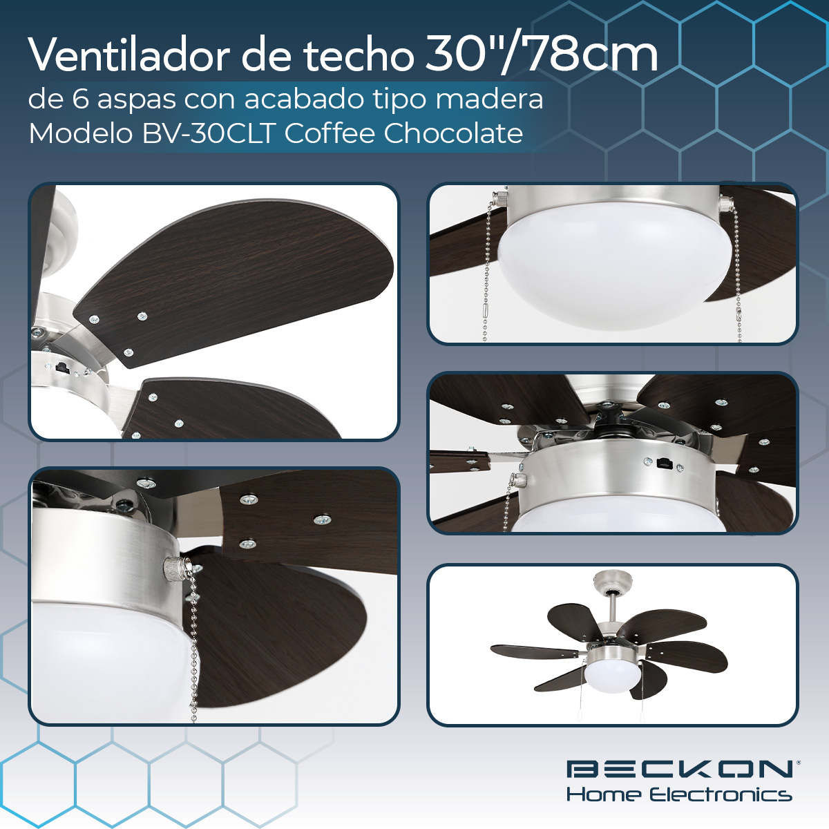 Ventilador de techo moderno de 30 pulgadas 78cm 6 aspas acabado tipo madera Beckon.