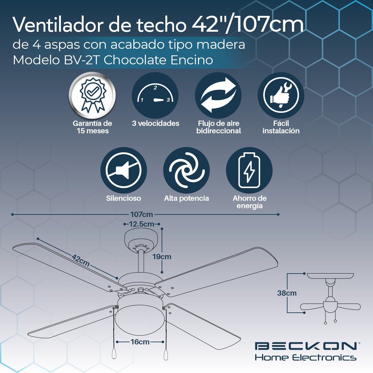 Ventilador de techo moderno de 42 pulgadas 107cm 4 aspas acabado tipo madera Beckon.