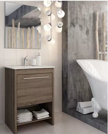 Set Mueble para baño a piso (Gabinete) MA60BR, con una puerta y entrepaño. El set incluye: lavabo de cerámica, espejo y monomando. Color Britannia