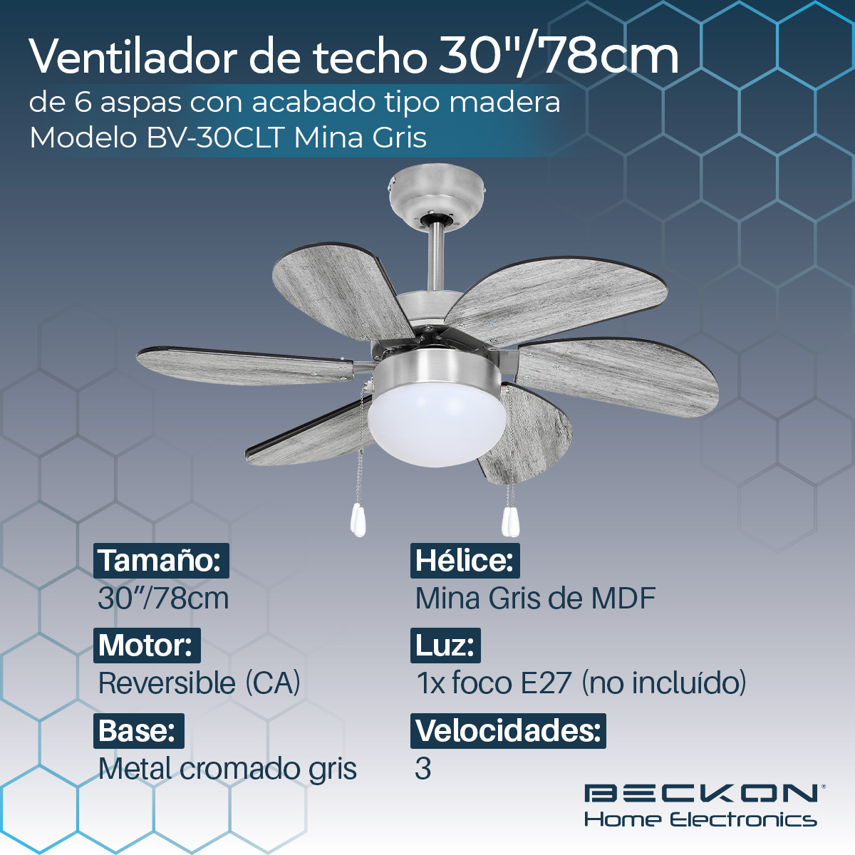 Ventilador de techo moderno de 30 pulgadas 78cm 6 aspas acabado tipo madera Mina gris Beckon.