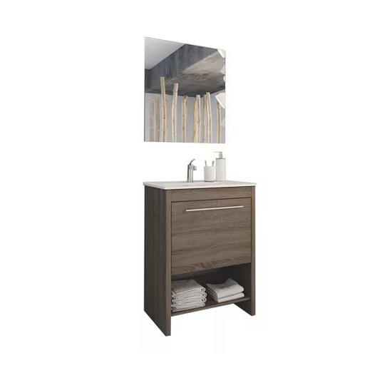 Set Mueble para baño a piso (Gabinete) MA60BR, con una puerta y entrepaño. El set incluye: lavabo de cerámica, espejo y monomando. Color Britannia