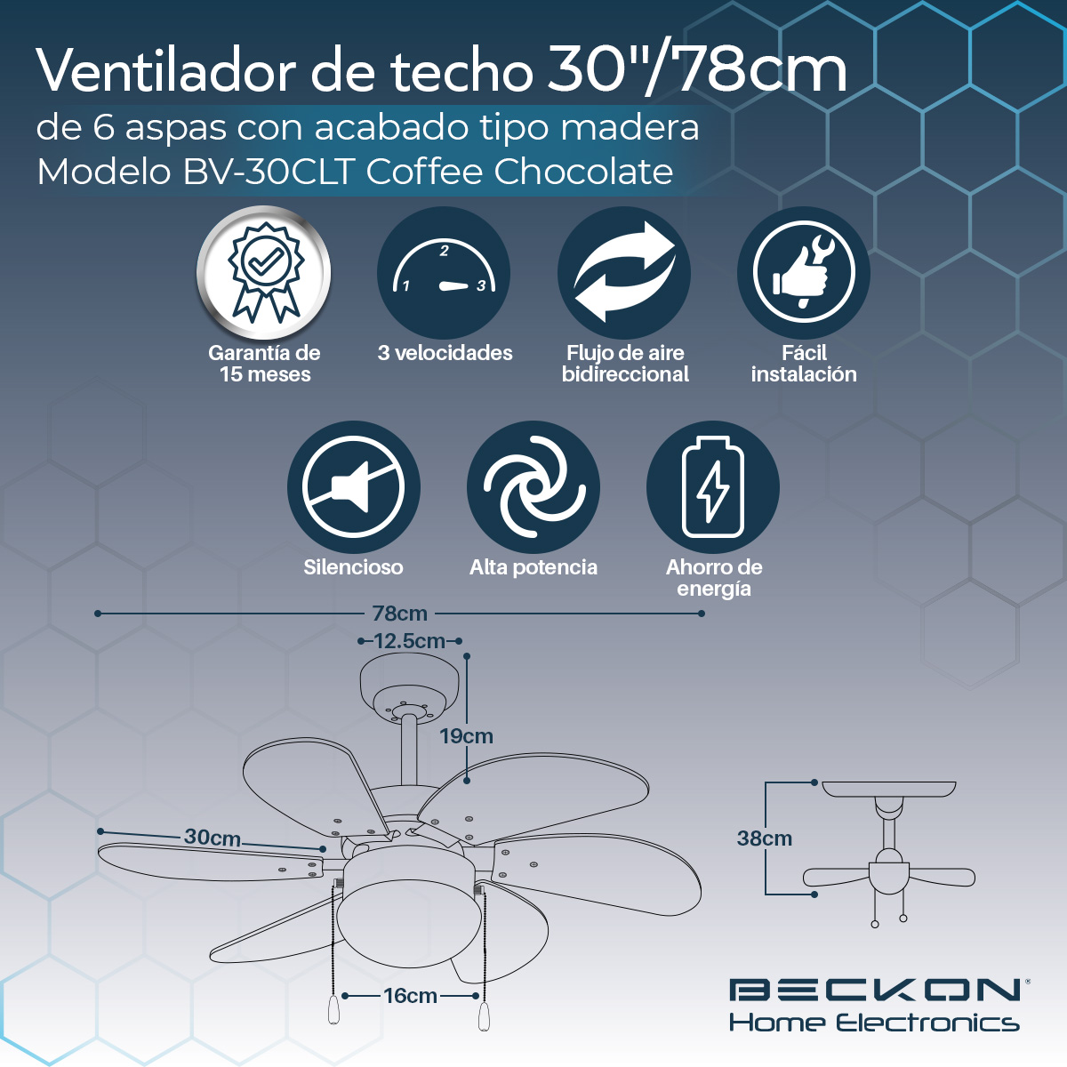 Ventilador de techo moderno de 30 pulgadas 78cm 6 aspas acabado tipo madera Beckon.