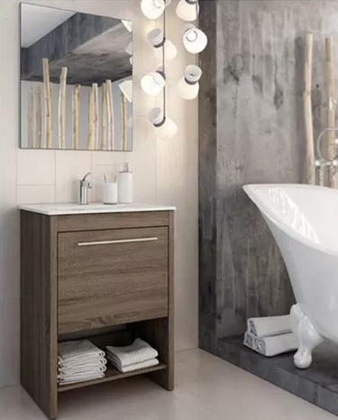 Set Mueble para baño a piso (Gabinete) MA60BR, con una puerta y entrepaño. El set incluye: lavabo de cerámica, espejo y monomando. Color Britannia