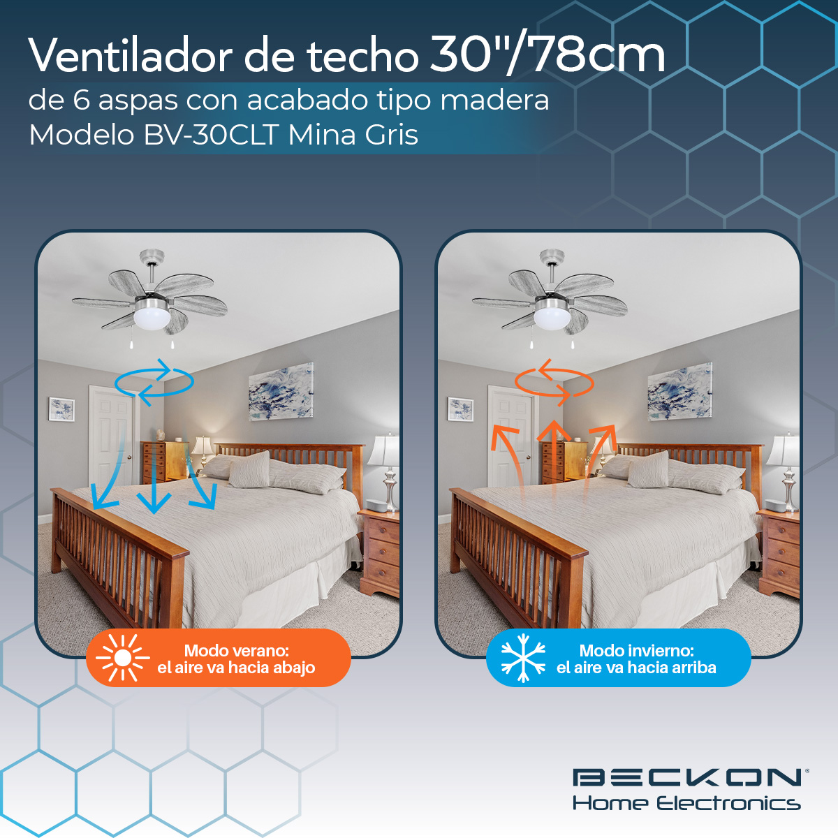 Ventilador de techo moderno de 30 pulgadas 78cm 6 aspas acabado tipo madera Mina gris Beckon.