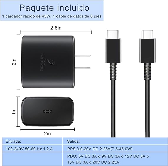 Cargador rápido USB C de 45 W para cargador Samsung tipo C, USB C Cargador de teléfono Android con 1.8M Cable Carga Rápida, para Galaxy S23 Ultra/S23/S23+/S22/S22 Ultra/S22+/Note10/Note 20/S20/S21/S10