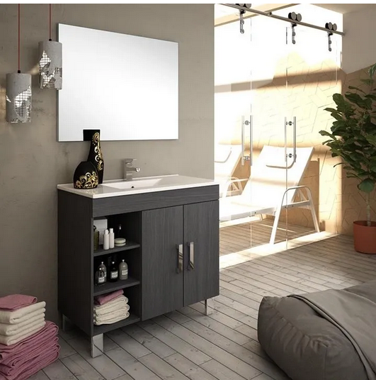 Set Mueble para baño a piso (Gabinete) ZA90EB, con dos puertas y tres huecos. El set incluye: lavabo de cerámica, espejo y monomando. Color Ebony.