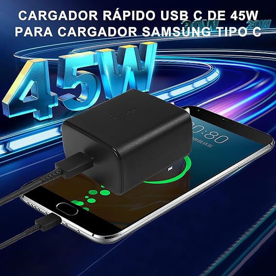 Cargador rápido USB C de 45 W para cargador Samsung tipo C, USB C Cargador de teléfono Android con 1.8M Cable Carga Rápida, para Galaxy S23 Ultra/S23/S23+/S22/S22 Ultra/S22+/Note10/Note 20/S20/S21/S10