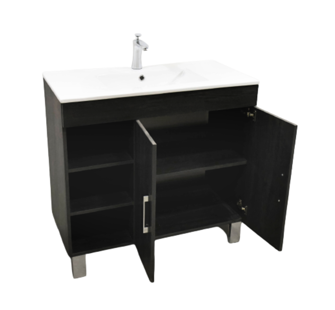 Set Mueble para baño a piso (Gabinete) ZA90EB, con dos puertas y tres huecos. El set incluye: lavabo de cerámica, espejo y monomando. Color Ebony.