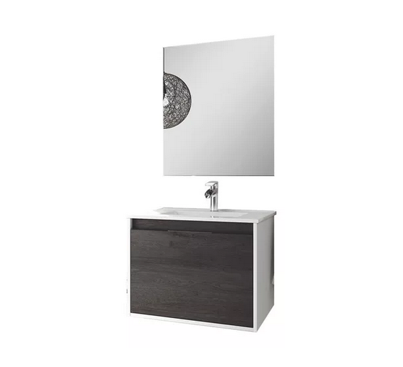 Set Mueble para baño suspendido (Gabinete) VA60EB, con cajonera y  cajón interior. El set incluye: lavabo de cerámica, espejo y monomando. Color Ebony.