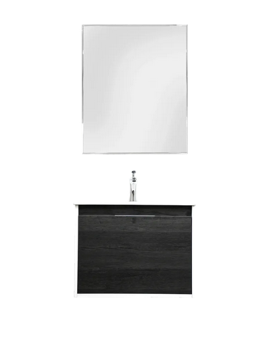 Set Mueble para baño suspendido (Gabinete) VA60EB, con cajonera y  cajón interior. El set incluye: lavabo de cerámica, espejo y monomando. Color Ebony.