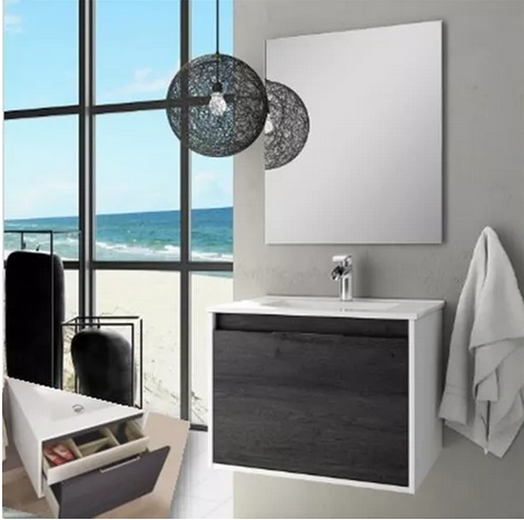 Set Mueble para baño suspendido (Gabinete) VA60EB, con cajonera y  cajón interior. El set incluye: lavabo de cerámica, espejo y monomando. Color Ebony.