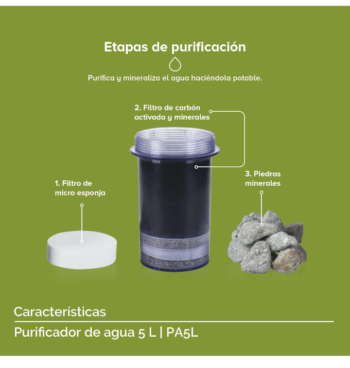 Dispensador purificador de agua 5 litros 3 etapas purificación despachador magnético 